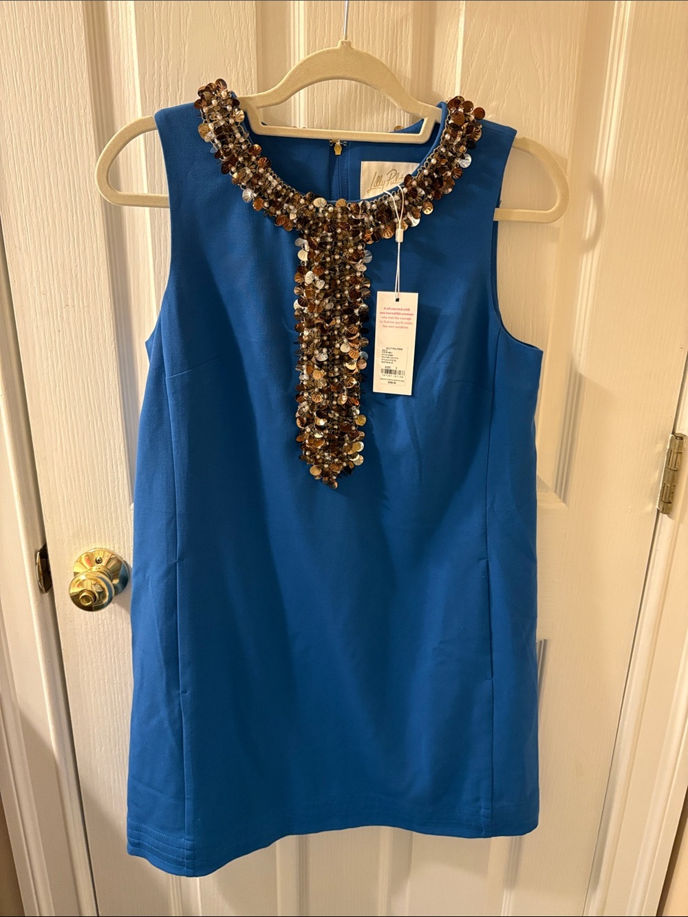 Lilly Pulitzer Blue Shift Dress with Brown & Gold Beaded Around neckline